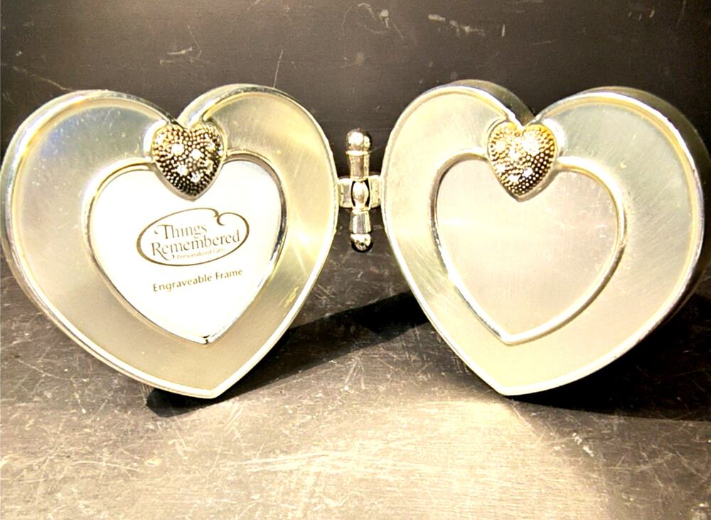 2041.  SilverTone Double Heart Photo Frame Desktop Things Remembered Engraveable